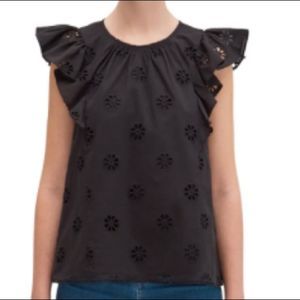 KATE SPADE Clover Eyelet Ruffle Flutter Sleeve Top Black Size XXS